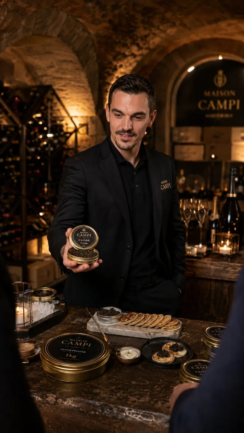 Coffret de caviar Maison Campi dans une cave à vin