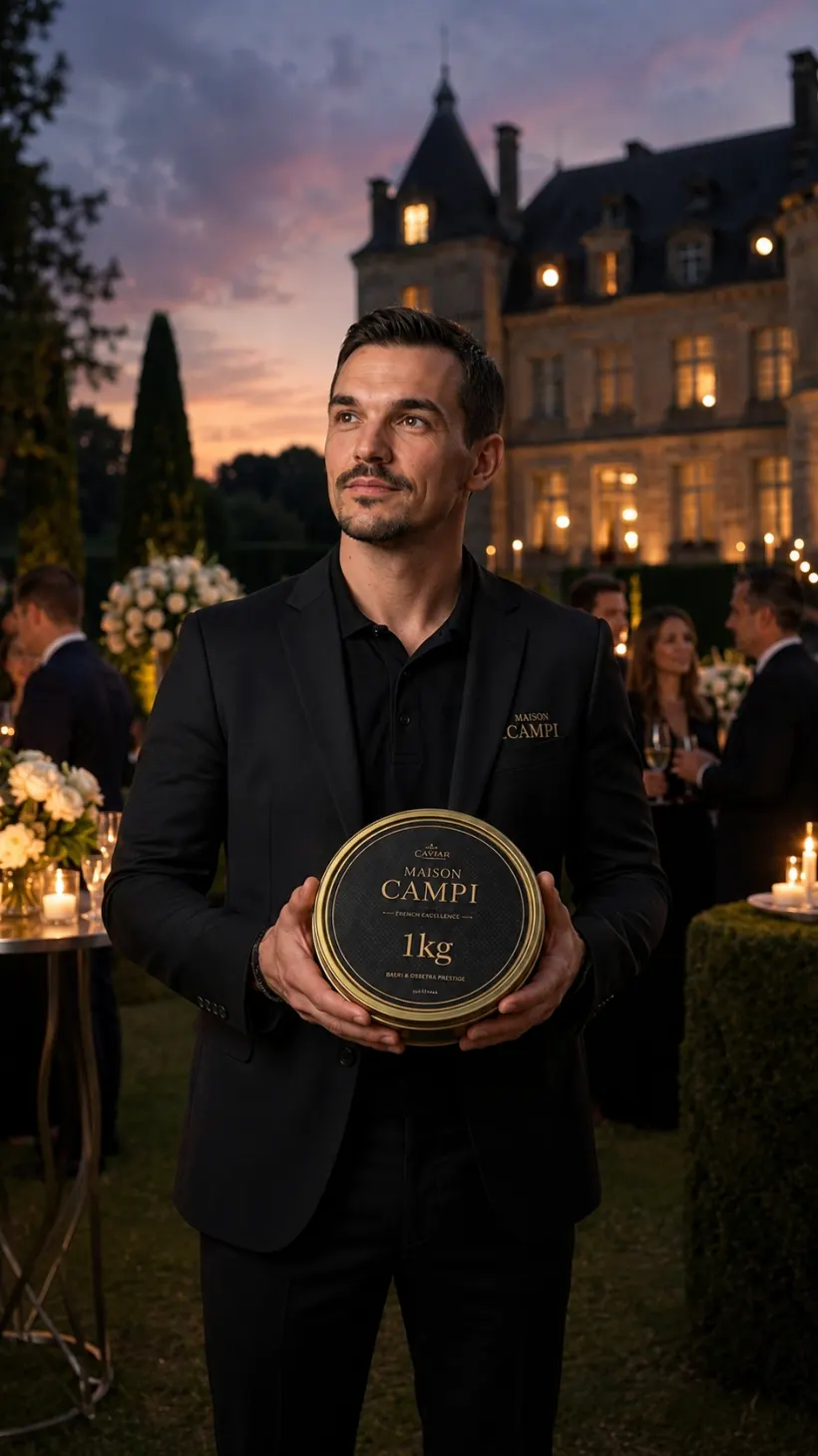 Coffret de caviar Maison Campi dans le jardin d'un château