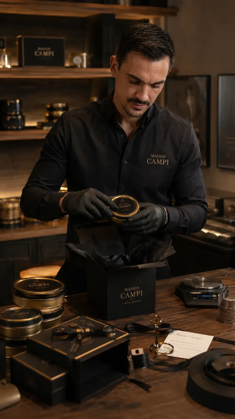 Julien Campi, fondateur, préparant une boîte de caviar dans son atelier