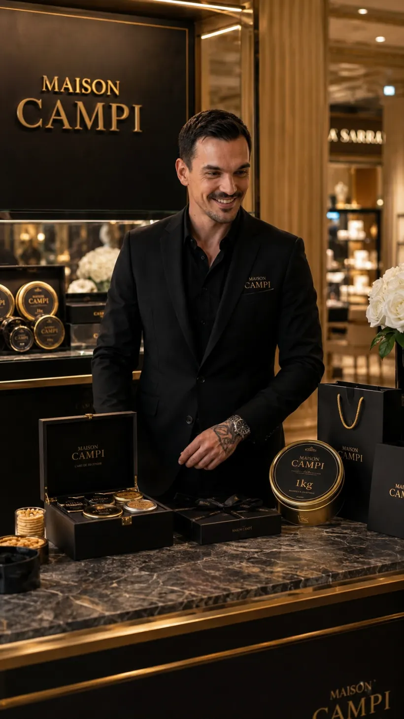 Julien Campi, fondateur, à son comptoir de coffrets de caviar