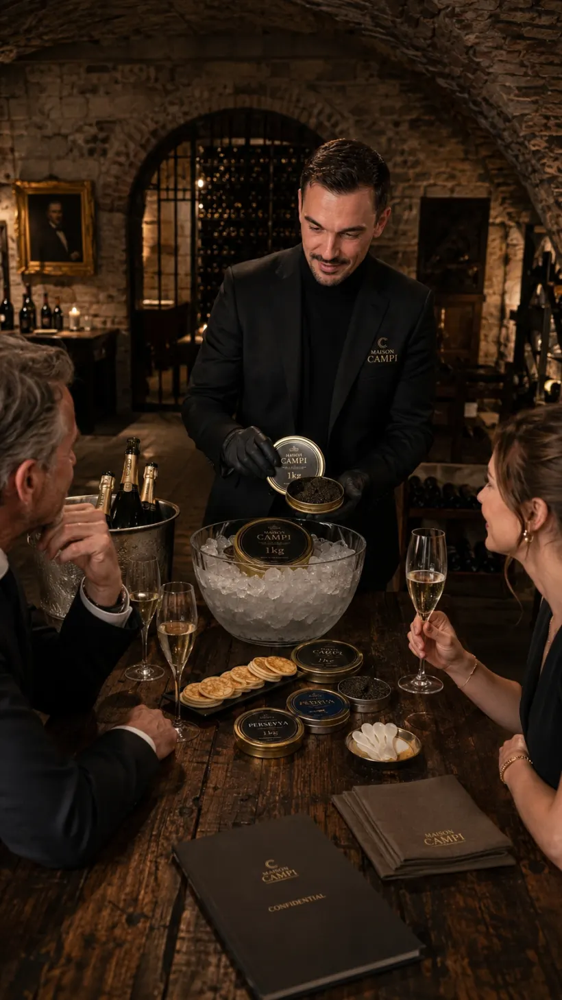 Service de caviar en live dans une cave à vin