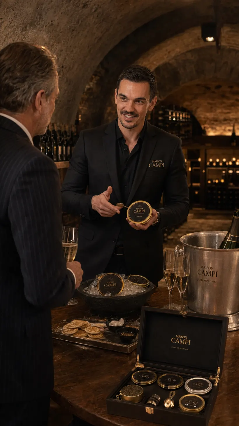 Dégustation de caviar dans une cave à vin