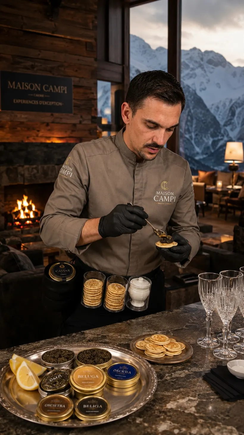 Service de caviar en live dans un chalet de montagne