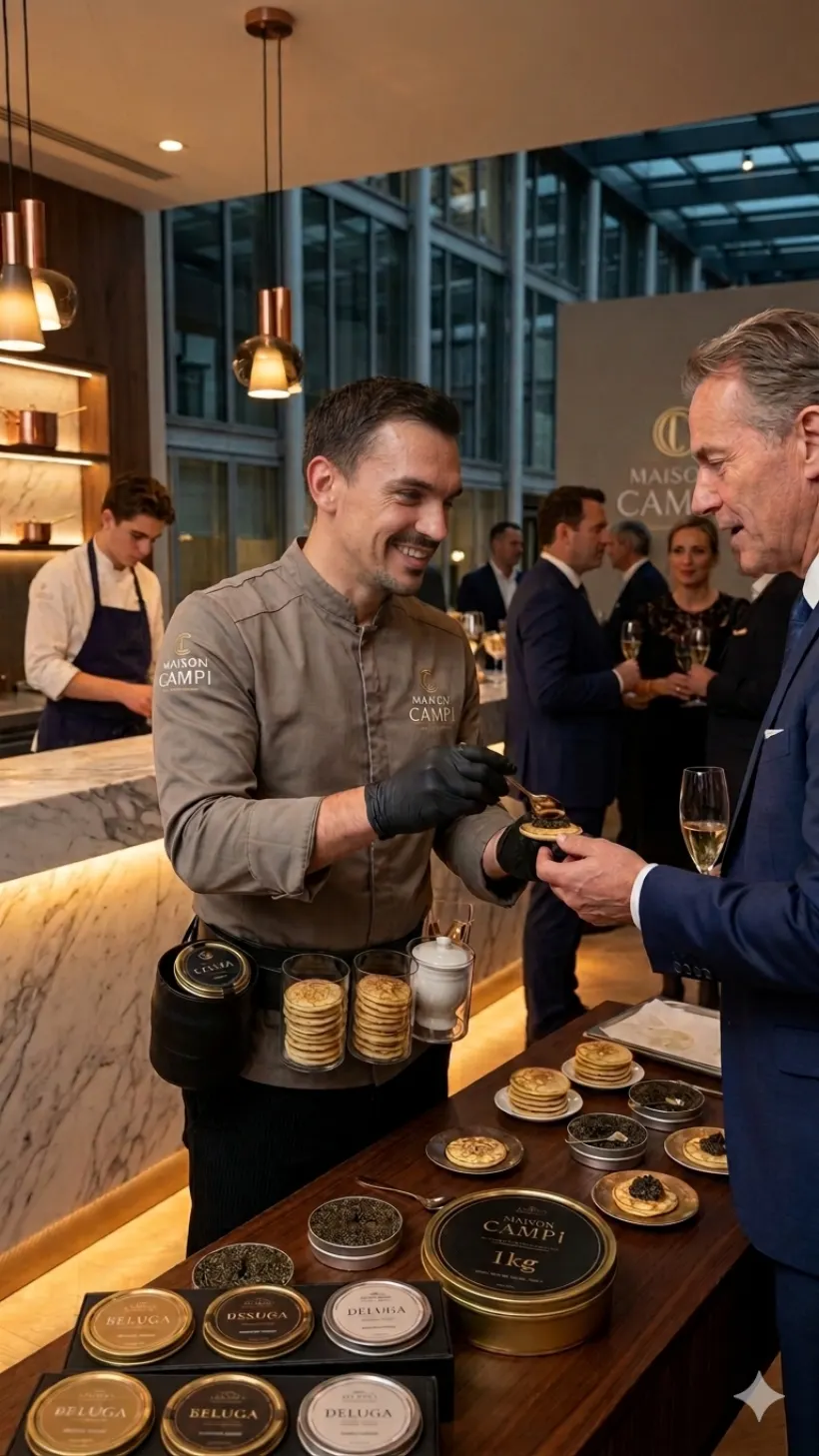 Comptoir à caviar dressé, boîtes Maison Campi