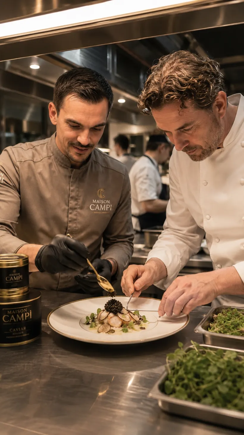 Service de caviar en live dans une cuisine de chef
