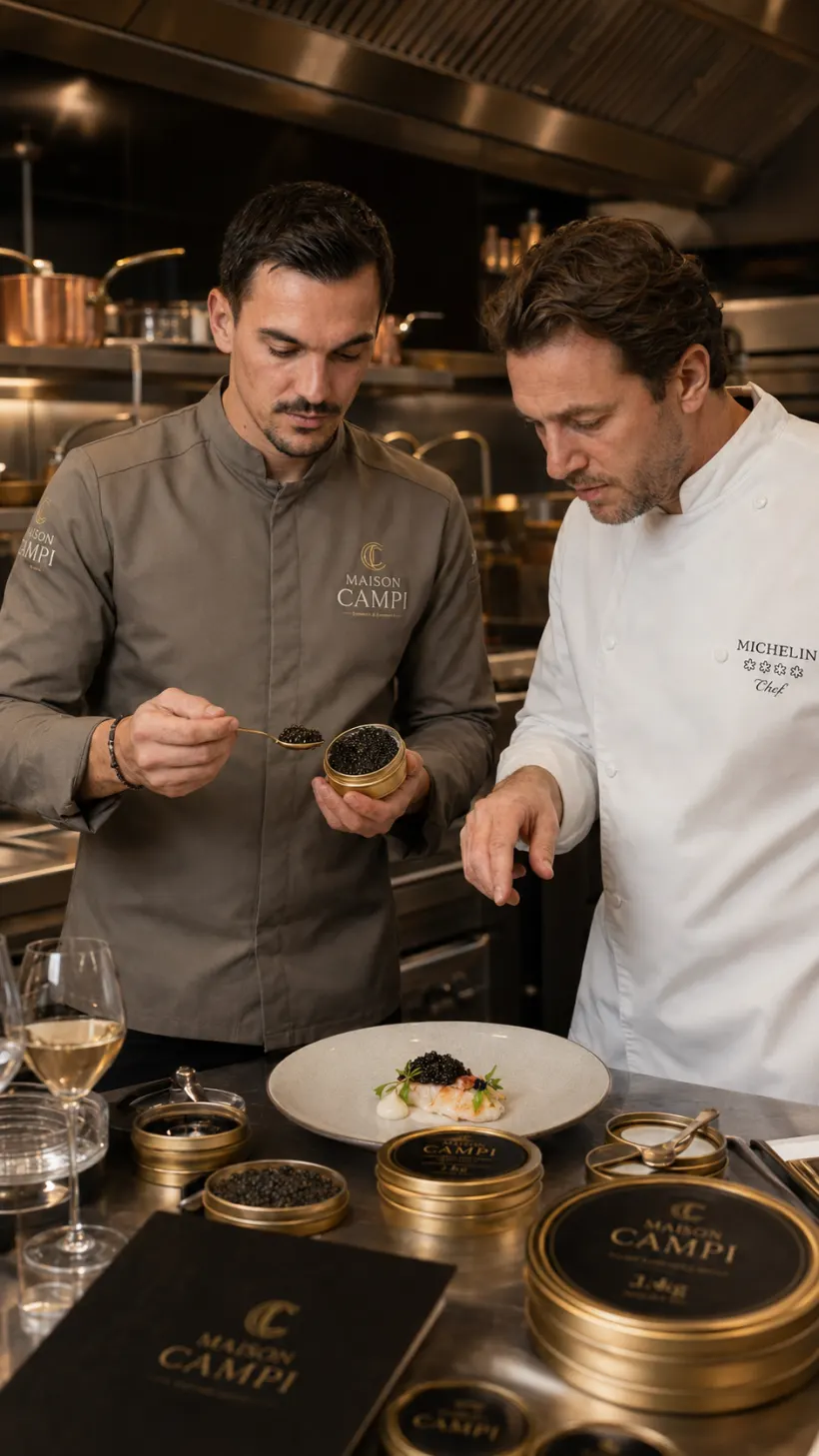 Le chef dresse le caviar en cuisine
