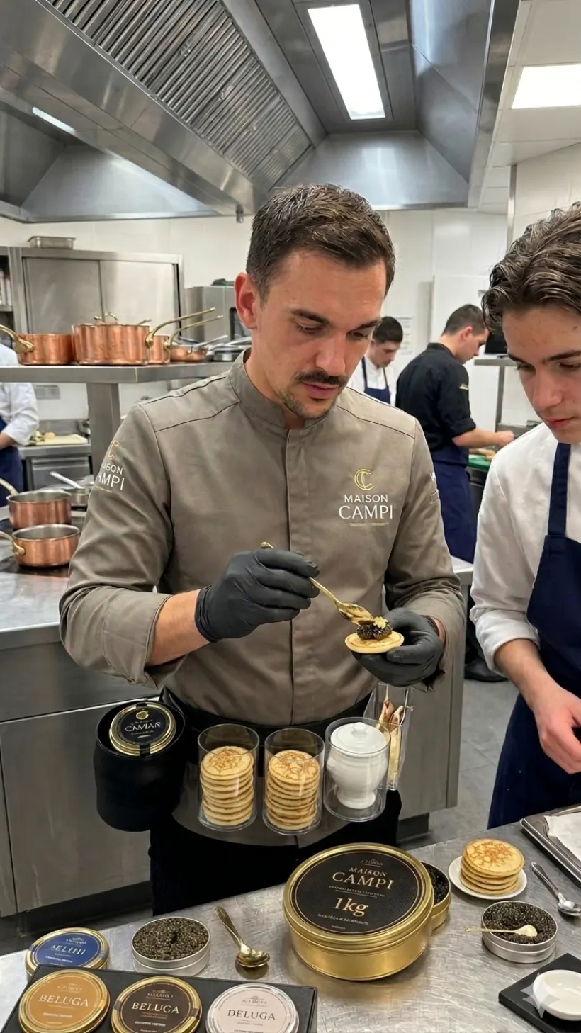 Cuillère de nacre et grains de caviar en cuisine