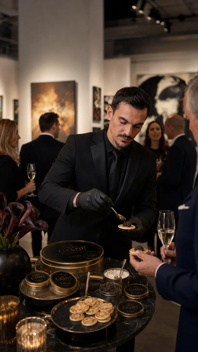 Service de caviar en live dans une galerie d'art