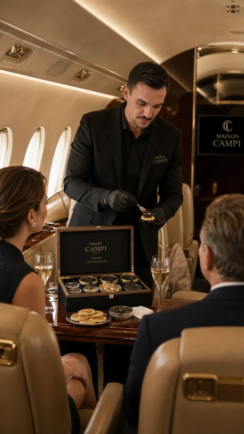 Dégustation de caviar à bord d'un jet privé