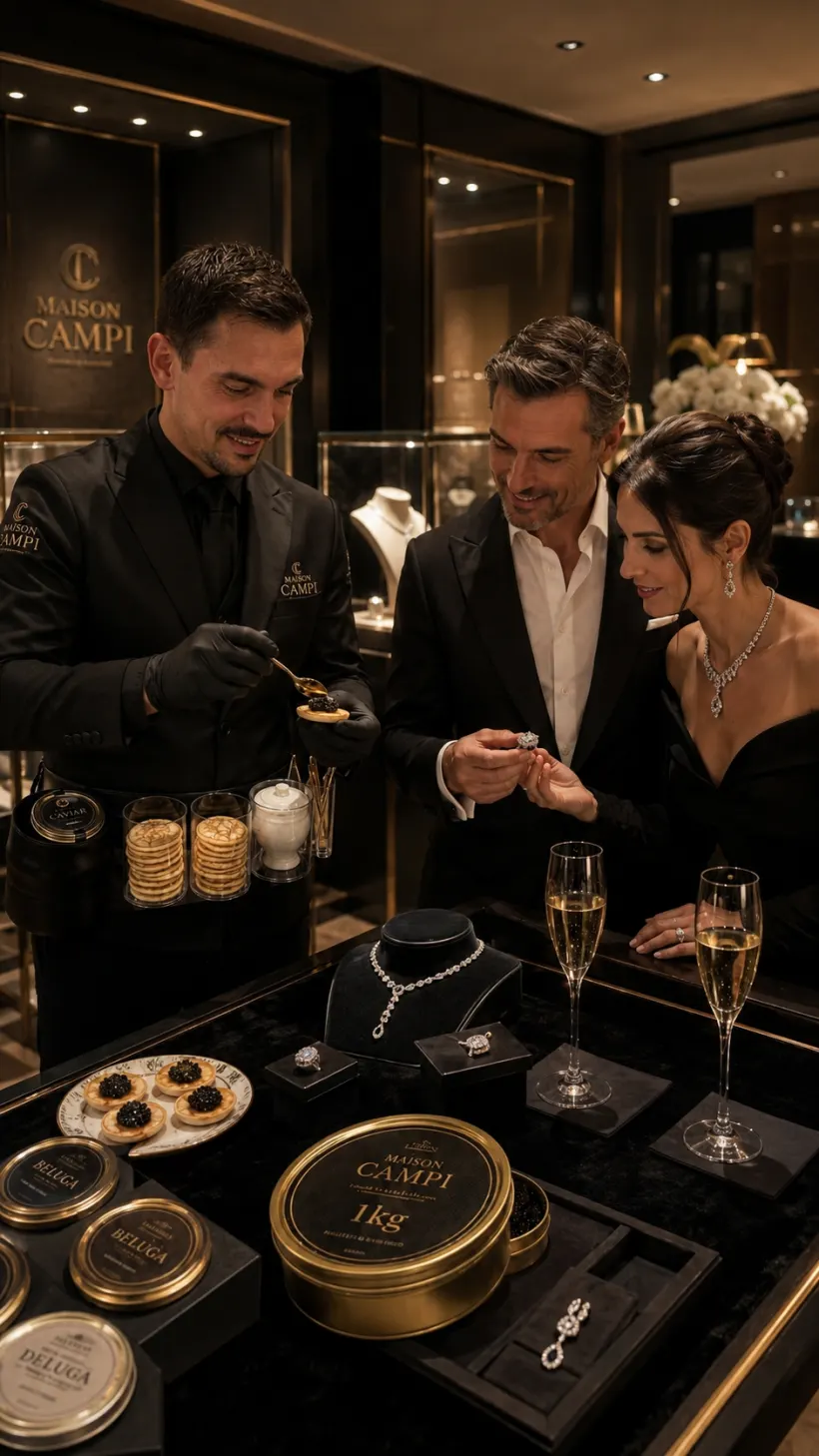 Caviar présenté dans des écrins de joaillerie