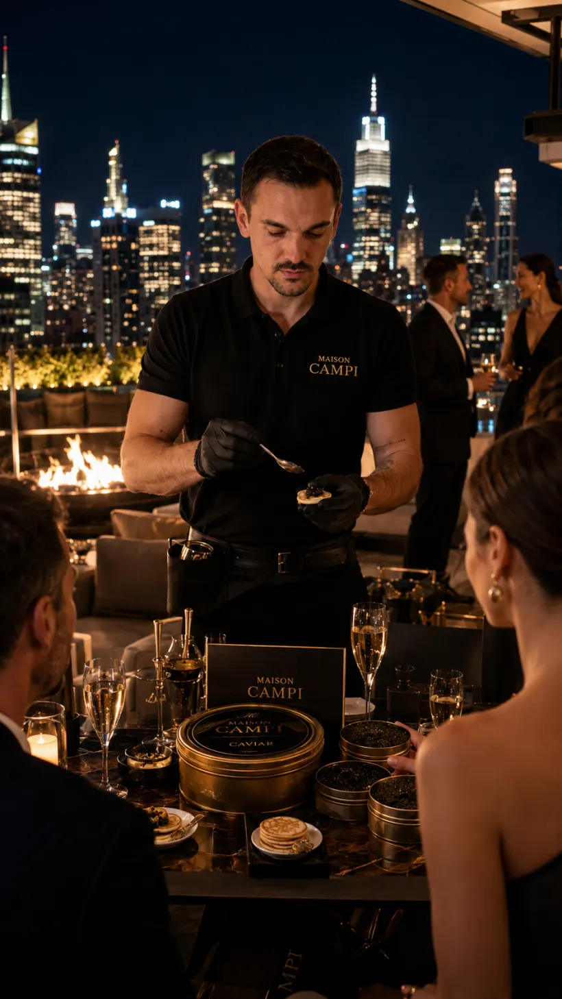 Service de caviar en live sur un rooftop la nuit