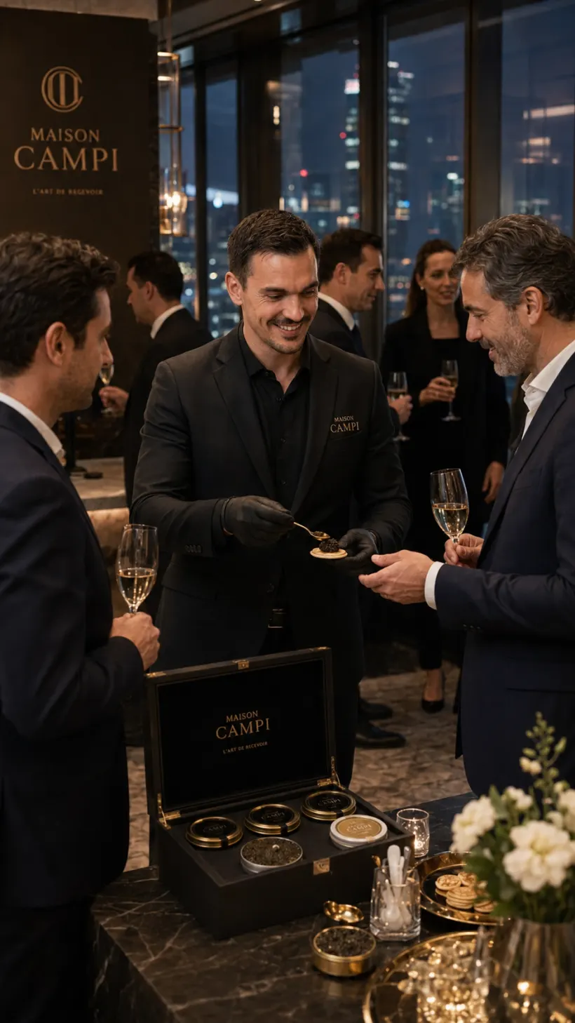 Service de caviar en live dans un salon panoramique de nuit