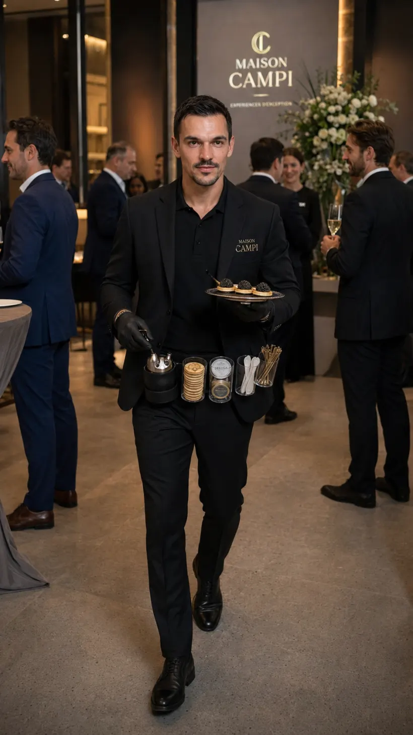 Plateau de caviar et blinis dressé dans un salon