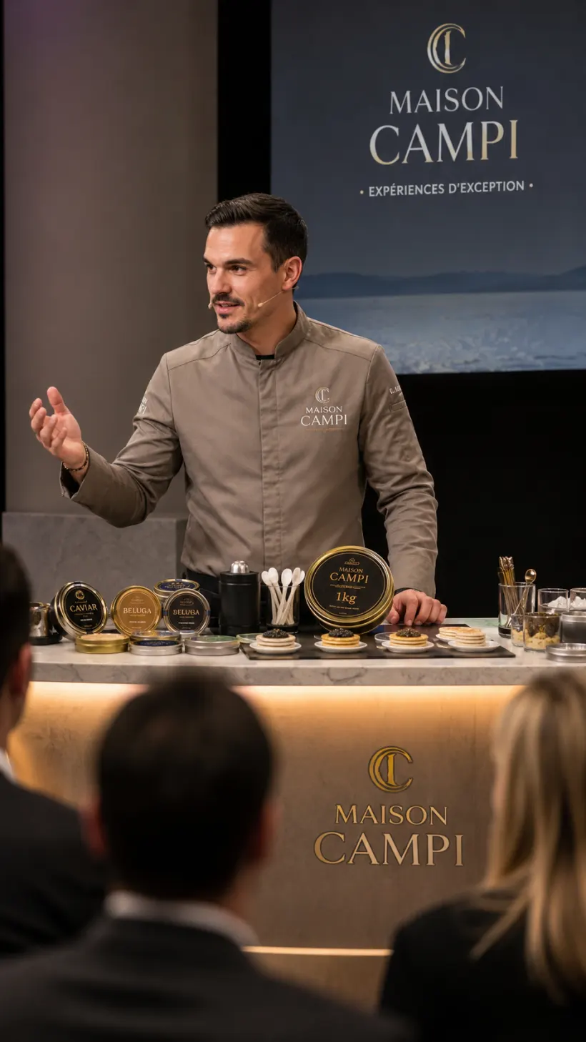 Service de caviar en live devant des invités assis