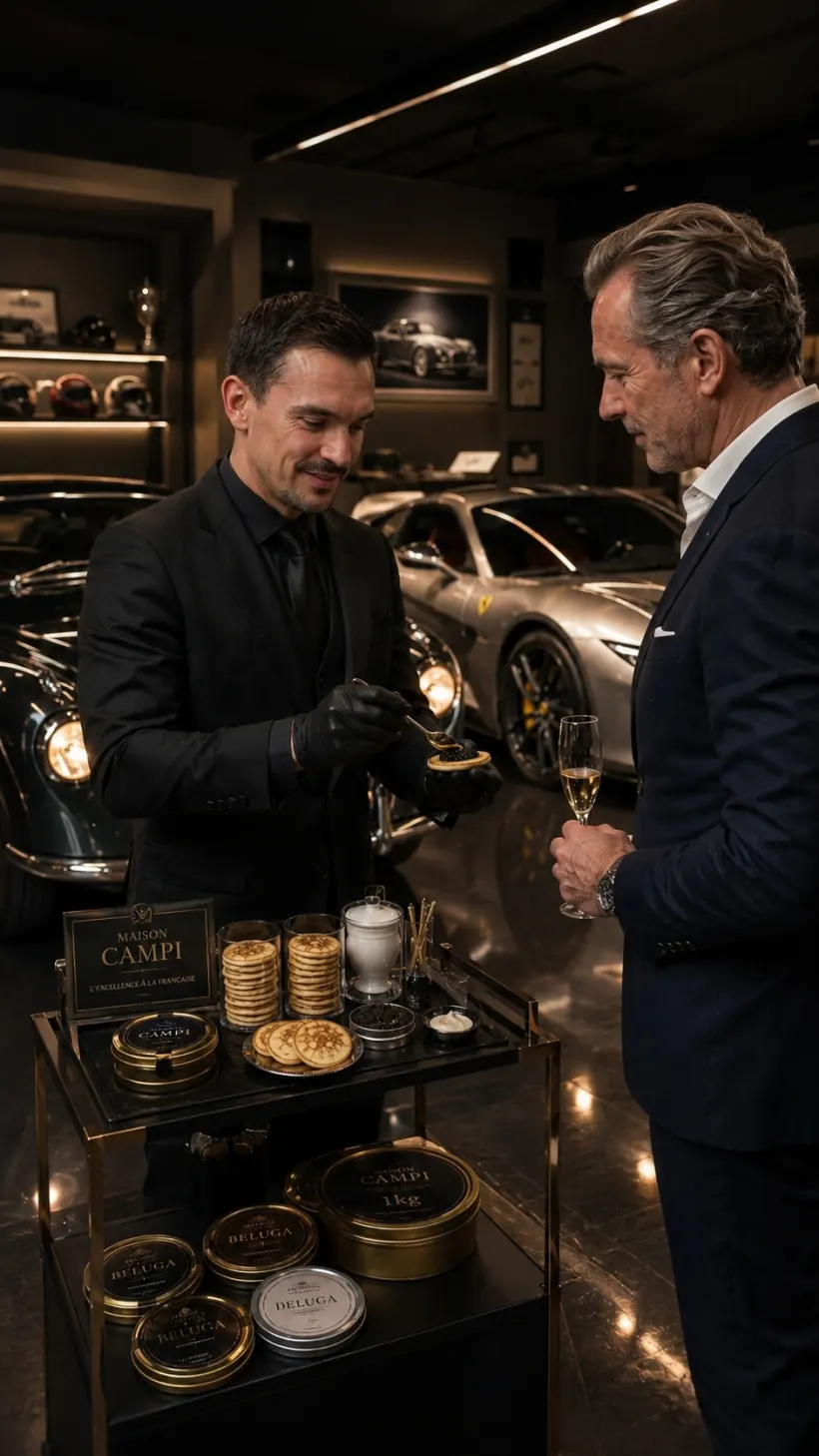 Service de caviar en live dans un showroom automobile