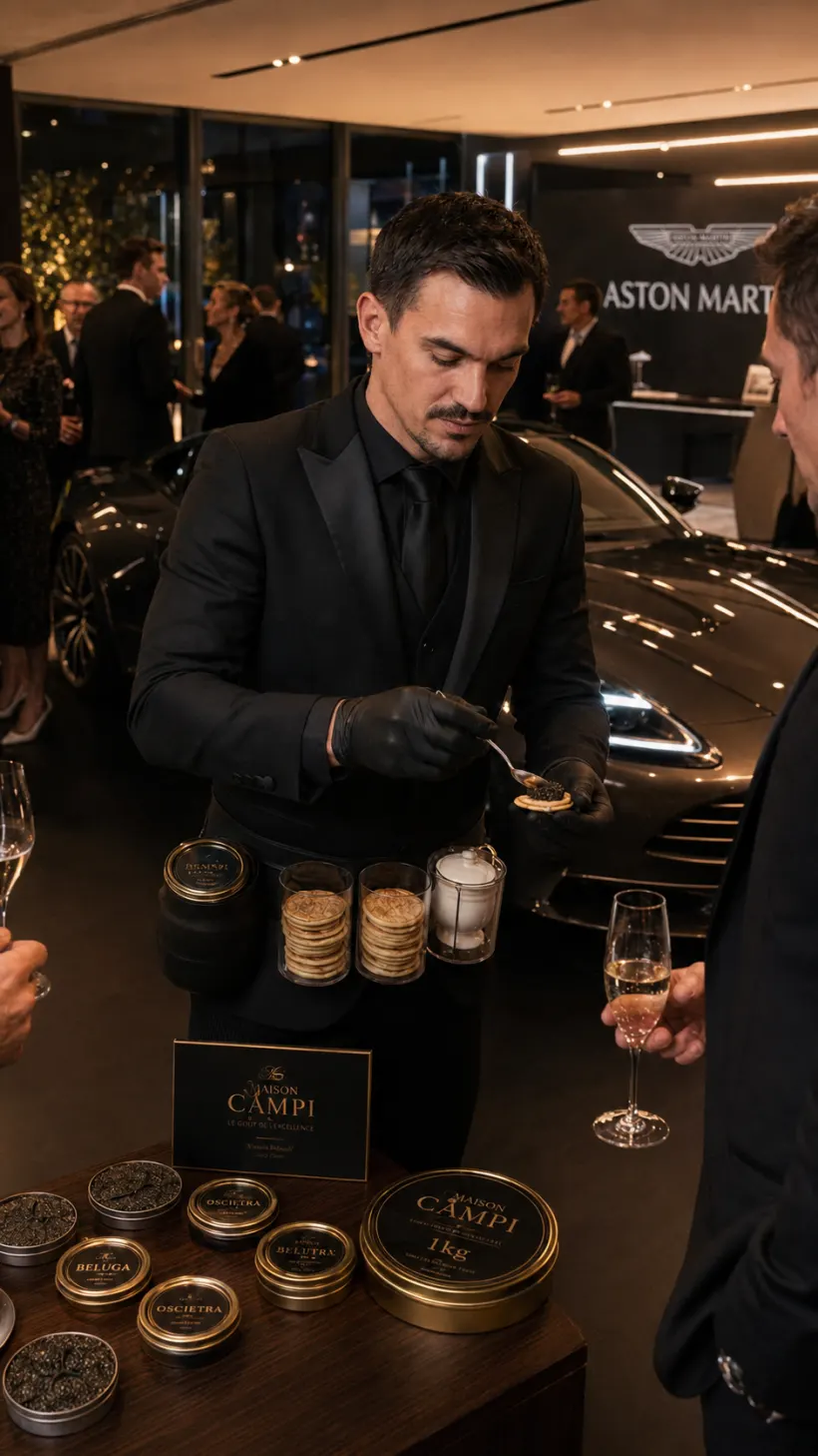Dégustation de caviar dans un showroom automobile