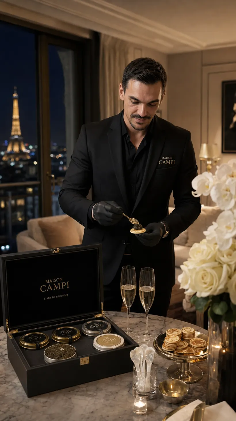 Service de caviar en live dans une suite avec vue sur la tour Eiffel