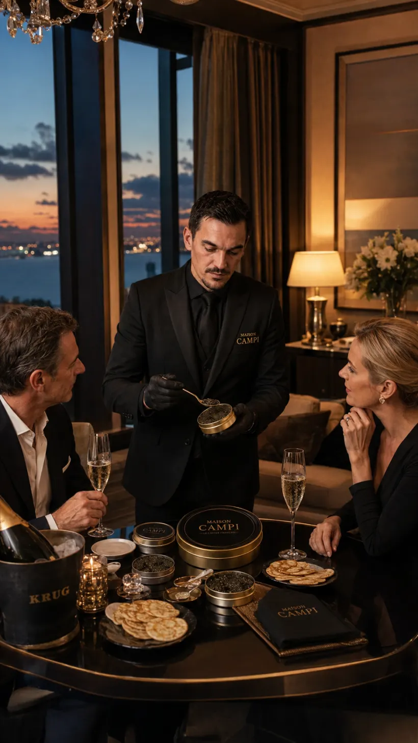 Caviar et champagne Krug dans une suite vue mer