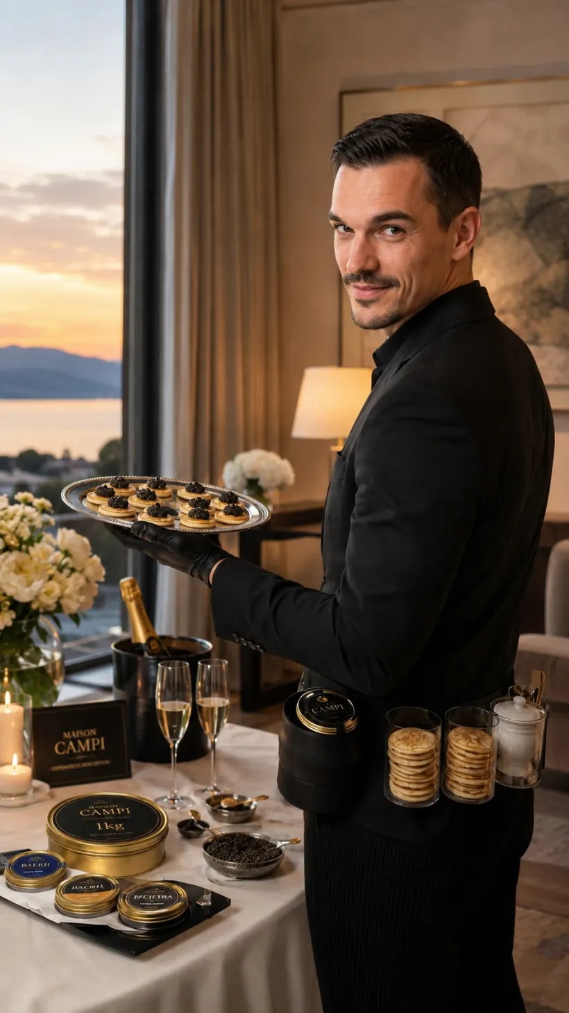 Plateau de caviar dans une suite avec vue sur la mer