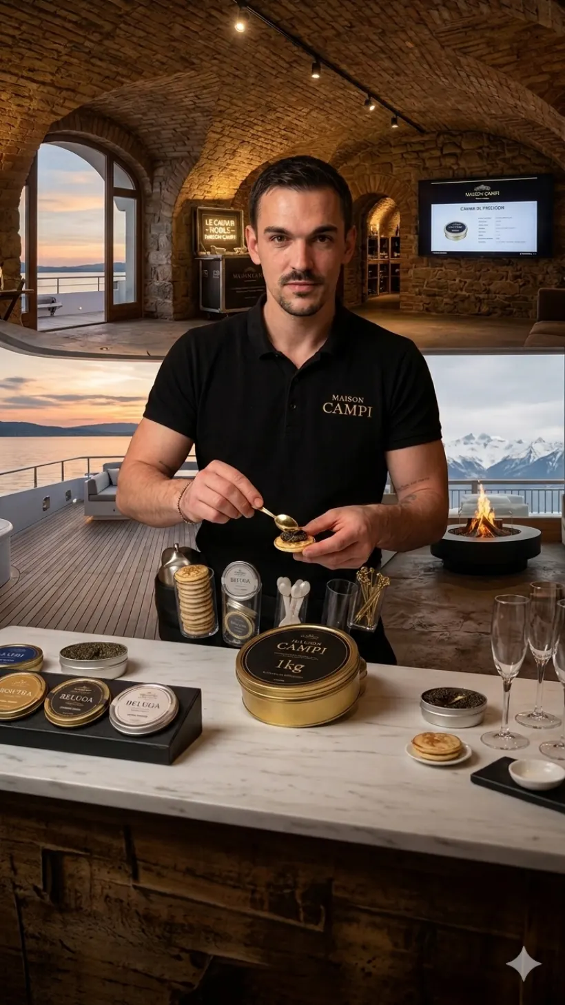 Dégustation de caviar sur une terrasse face aux montagnes