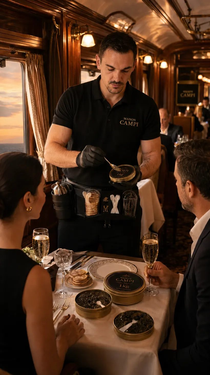 Service de caviar en live à bord d'un train de luxe