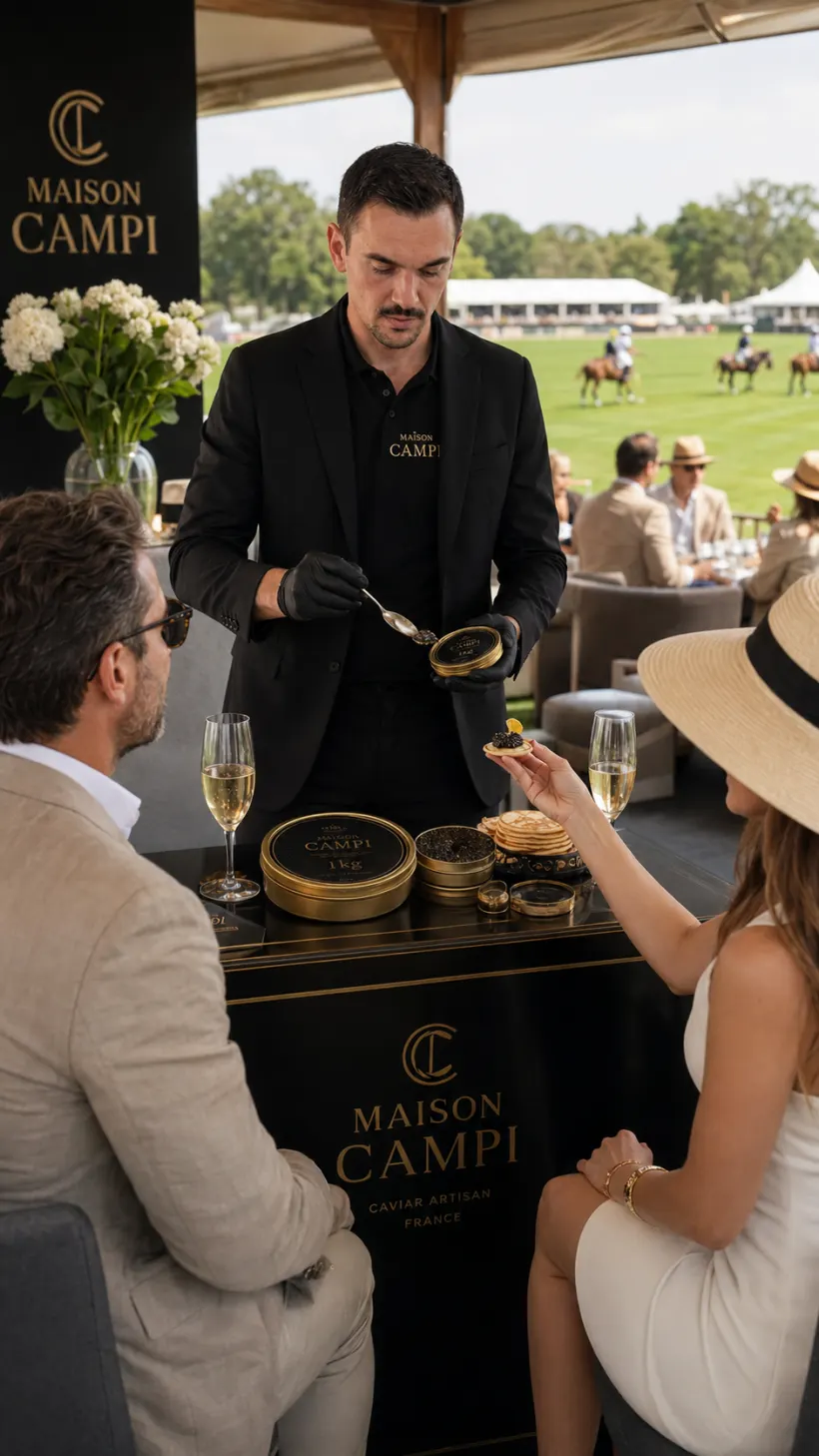 Service de caviar en live en tribune lors d'un match de polo