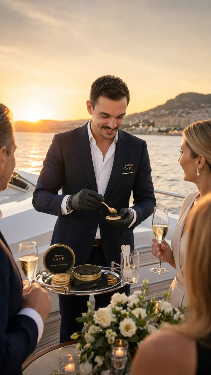 Service de caviar en live sur un yacht au coucher du soleil