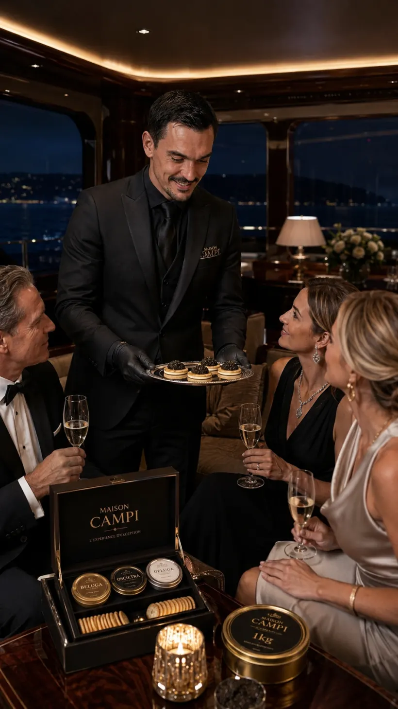 Coffret de caviar Maison Campi sur un yacht de nuit