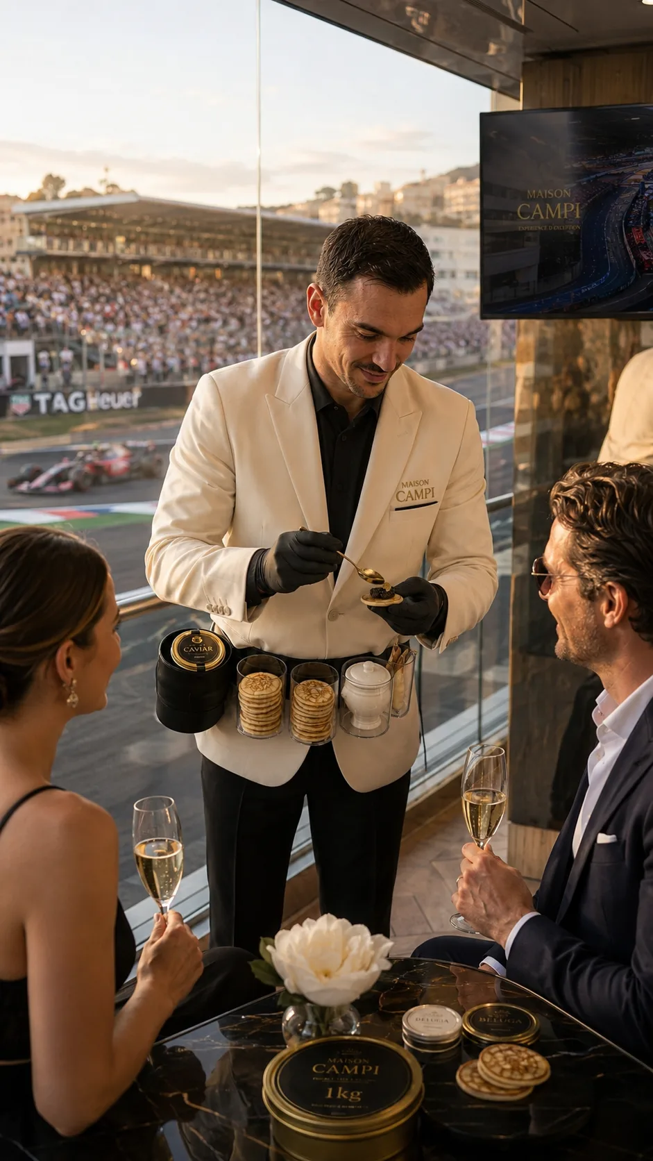 Maître de cérémonie Maison Campi servant le caviar en live lors d'un événement de prestige