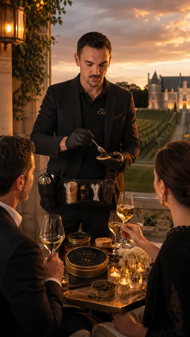 Dégustation de caviar sur une terrasse de château au coucher du soleil