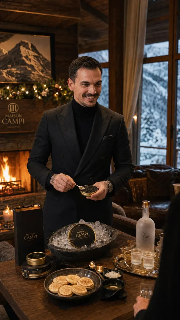 Service de caviar près d'une cheminée dans un chalet
